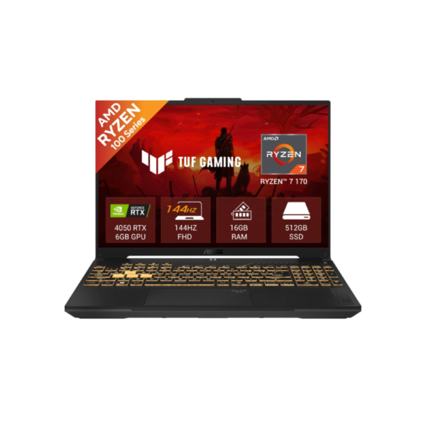 ASUS TUF GAMING A16 FA607NUQ - AMD Ryzen 7-170 | 16GB DDR5 | 512GB PCIE G4 SSD | RTX 4050 - 6GB | 16" FHD + WUXGA 144Hz | Windows 11 | RGB Backlit | Backpack | Mouse | Mecha Gray | 2 Year Int'l Warranty