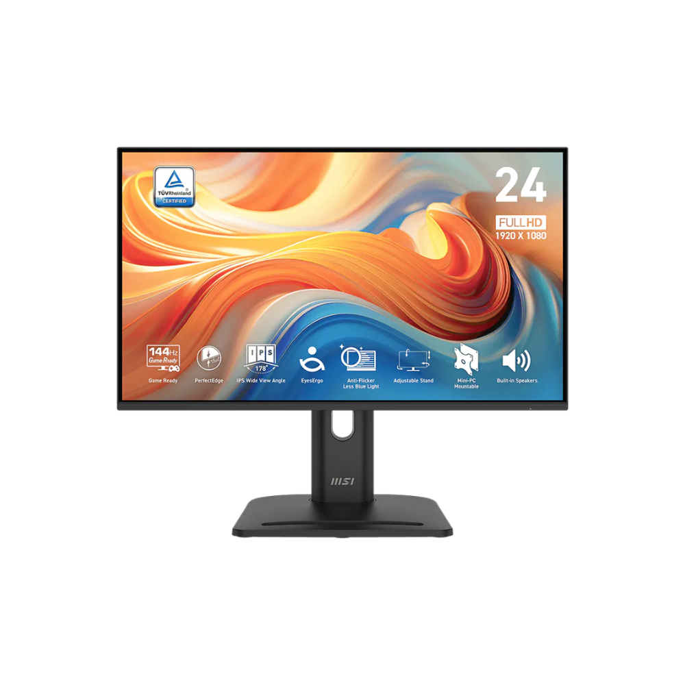 Untitled design (23) MSI PRO MP245PG E14 24″ Monitor | IPS Panel |144Hz | FHD | 107% SRGB, 91% ARGB, 85% DCI-P3 | HDMI, VGA, Display Port, Headphone Out | 2 x 2W Speaker | Tilt, Swivel, Pivot & Height Adjustable | Eye-Care Technology | 1 Year Warranty Monitor - Image 1
